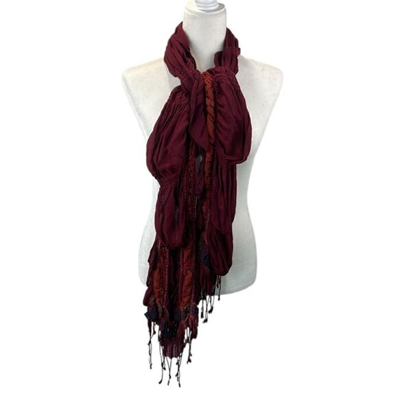 Scarf Rectangular Ruffle Burgundy Colorful with Fringe - Picture 3 of 6